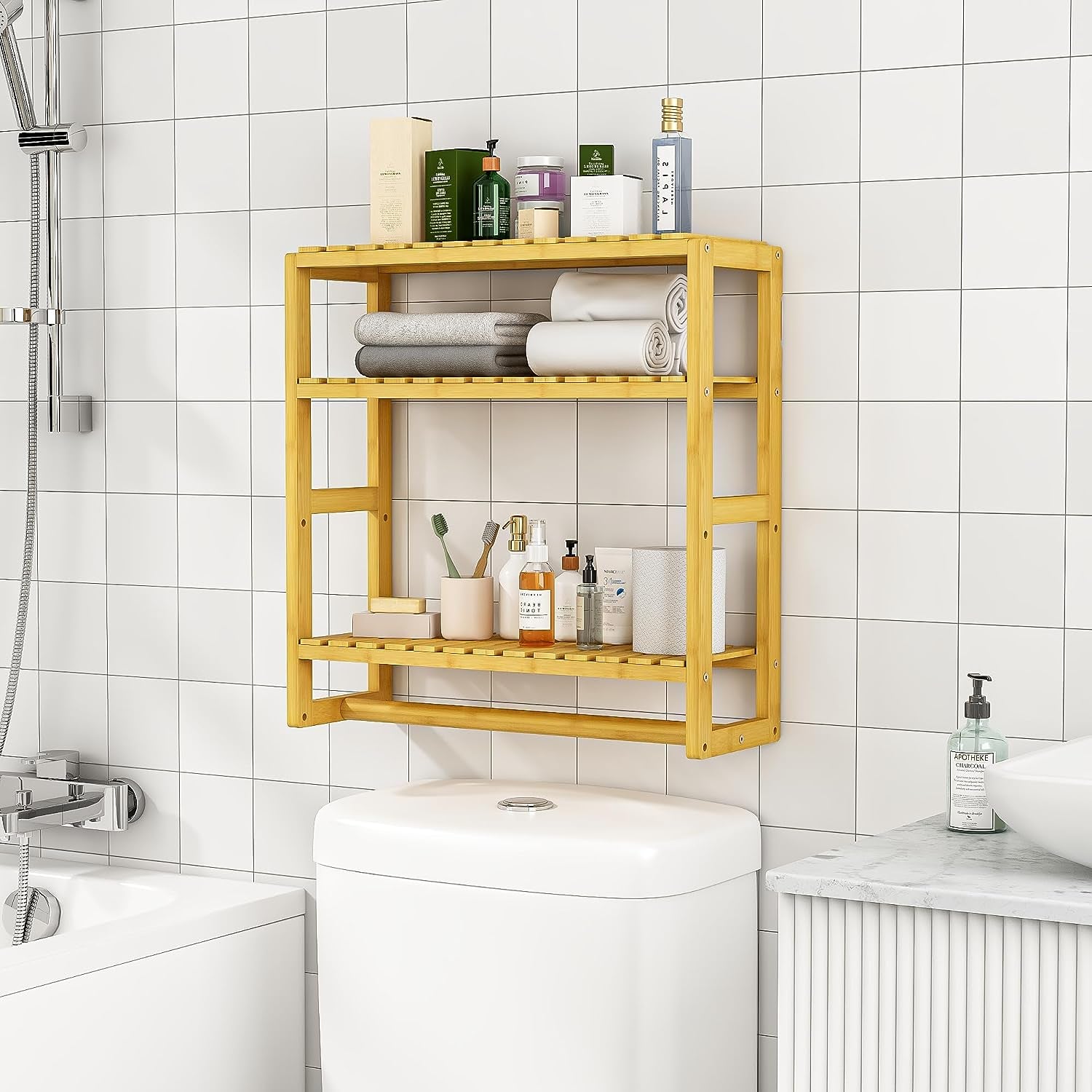 Bathroom Shelves for Storage Bamboo Adjustable 3 Tiers Plant Shelf over the Toilet Storage with Hanging Rod