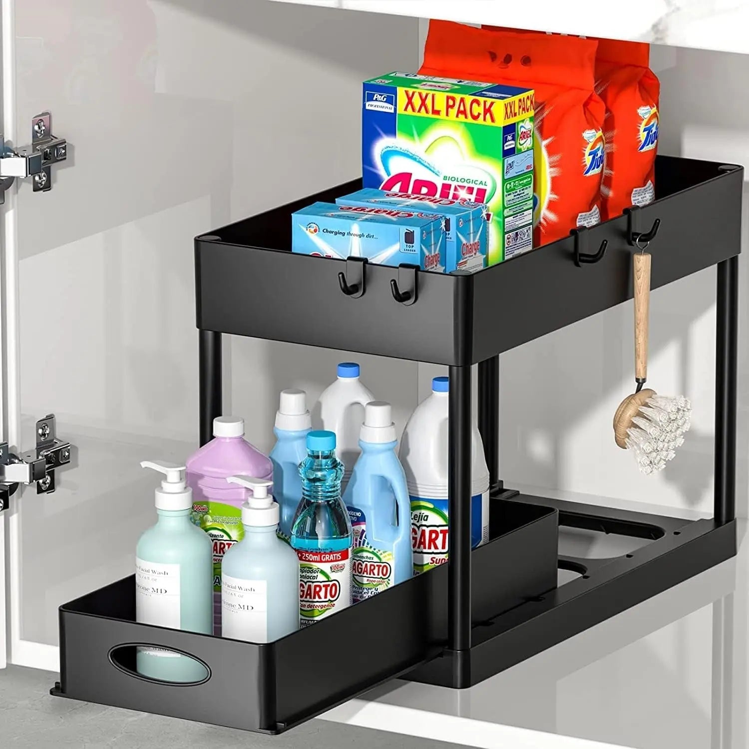 under Sink Organizers and Storage Pull Out Sliding Drawers,2 Tier Under-Sink Organizers with Sliding Drawer with 4 Hooks,Under Sliding Cabinet Basket Organizer Holder for Bathroom Kitchen
