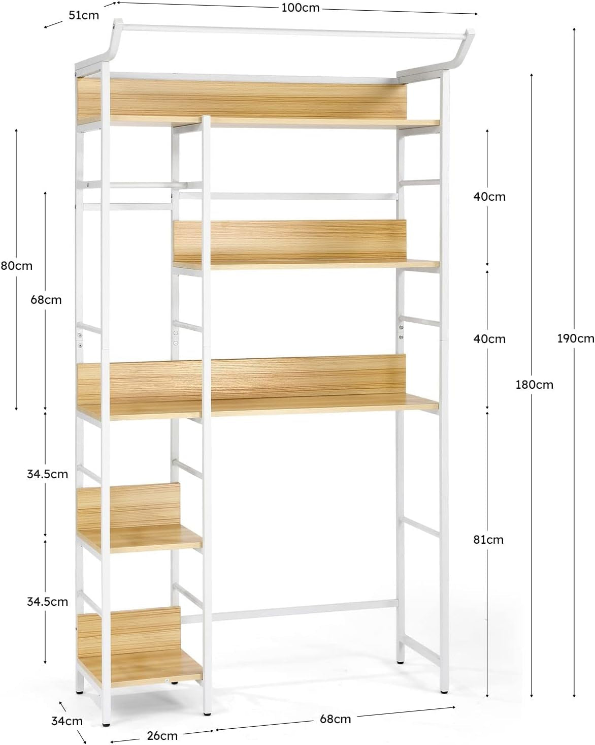 5 Tier over Toilet Shelf Bathroom Rack Organiser Laundry Shelves Storage Freestanding White & Wood