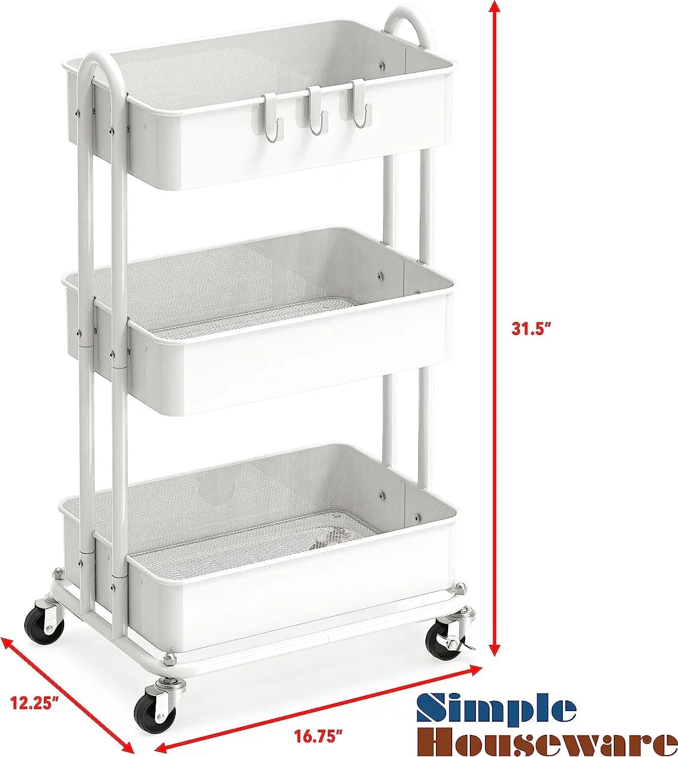 Simplehouseware Heavy Duty 3-Tier Metal Utility Rolling Cart, White