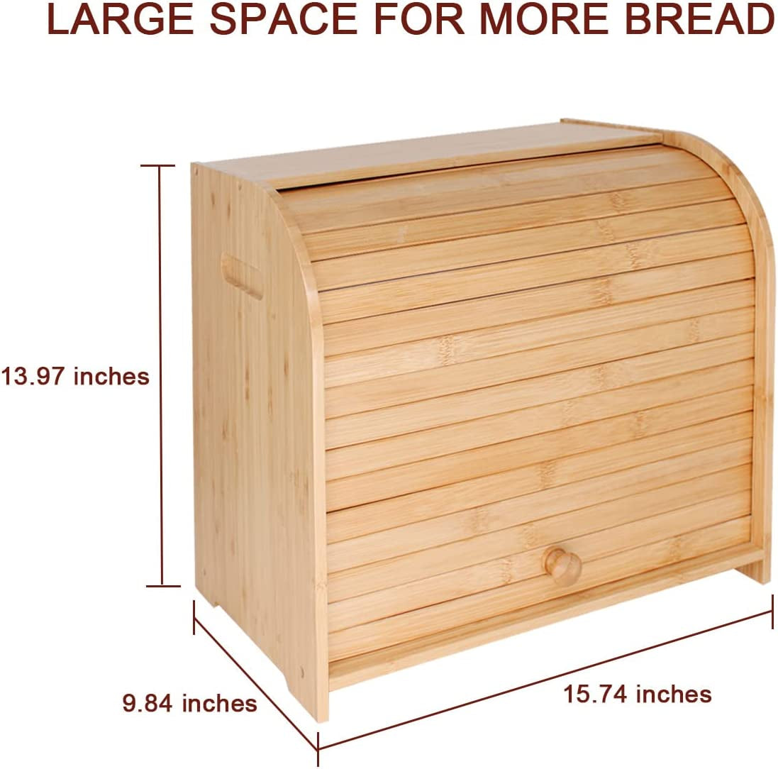 Bamboo Bread Box for Kitchen Counter, Double Layer Roll Top Bread Keeper Food Storage Container with Adjustable Shelf