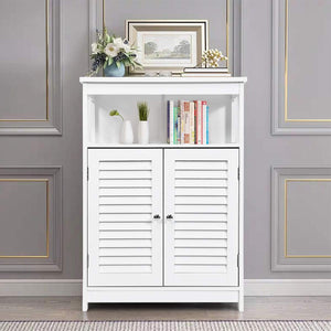 Bathroom Floor Cabinet, Wooden Storage Cabinet with Double Shutter Door & Adjustable Shelf, Freestanding Toilet Organiser, Side Table for Bathroom Living Room Bedroom, Laundry Cupboard, White/Grey (White)