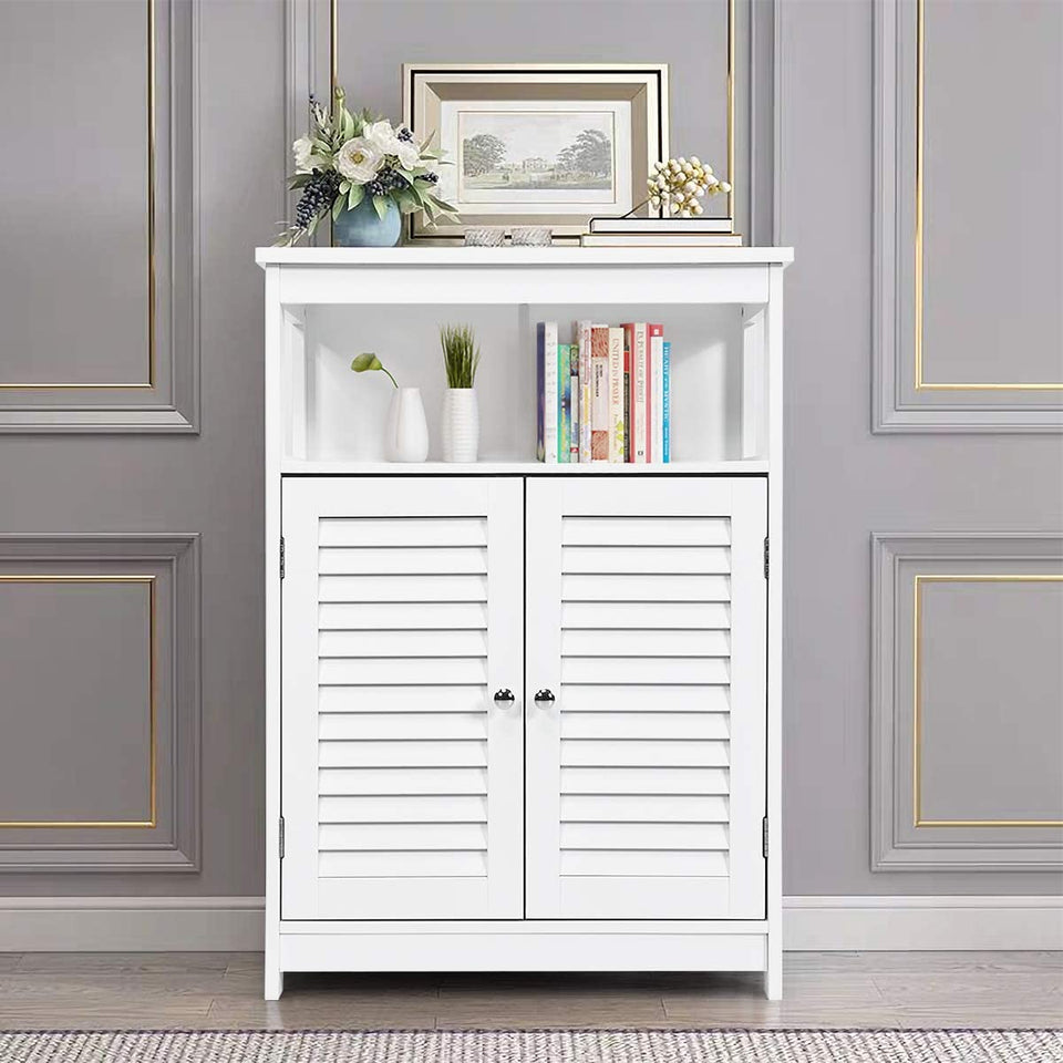 Bathroom Floor Cabinet, Wooden Storage Cabinet with Double Shutter Door & Adjustable Shelf, Freestanding Toilet Organiser, Side Table for Bathroom Living Room Bedroom, Laundry Cupboard, White/Grey (White)
