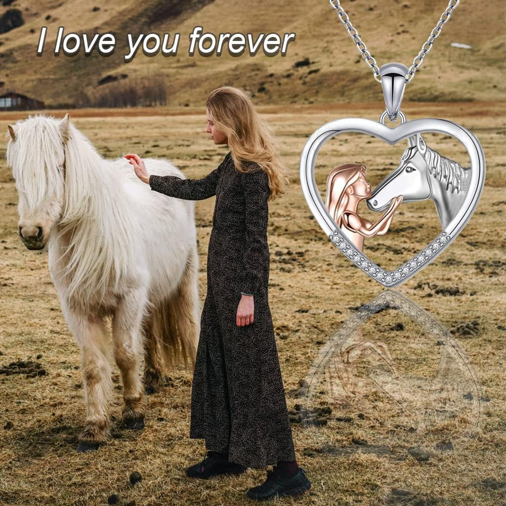 Girl and Horse Pendant Necklace for Women Horse Lover Birthday Christmas Gifts for Daughter Granddaughter Rose Gold Heart Rhinestone Necklaces for Girls