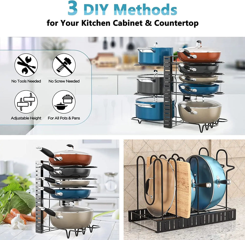 Pot Rack Organizers,8 Tier Pots and Pans Organizer,Adjustable Pot Rack & Pan Rack for Kitchen Counter and Cabinet,With 3 DIY Methods (Black)