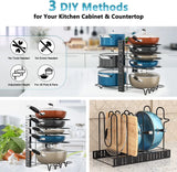 Pot Rack Organizers,8 Tier Pots and Pans Organizer,Adjustable Pot Rack & Pan Rack for Kitchen Counter and Cabinet,With 3 DIY Methods (Black)