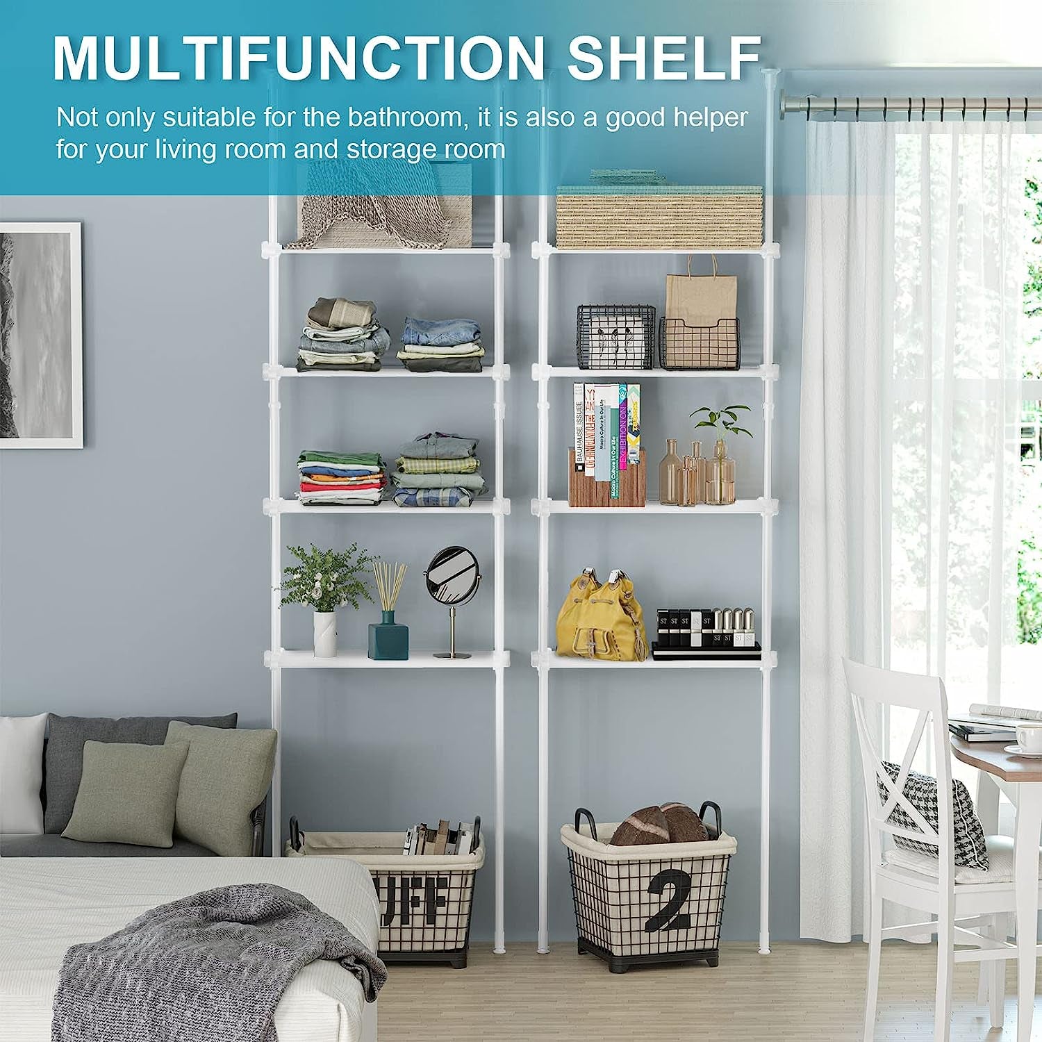 Bathroom Organizer, 4-Tier Over-The-Toilet Storage, Adjustable Floor to Ceiling Storage Cabinet, Metal Bathroom Shelves for Small Room, Saving Space, 65 to 116 Inch Tall, White