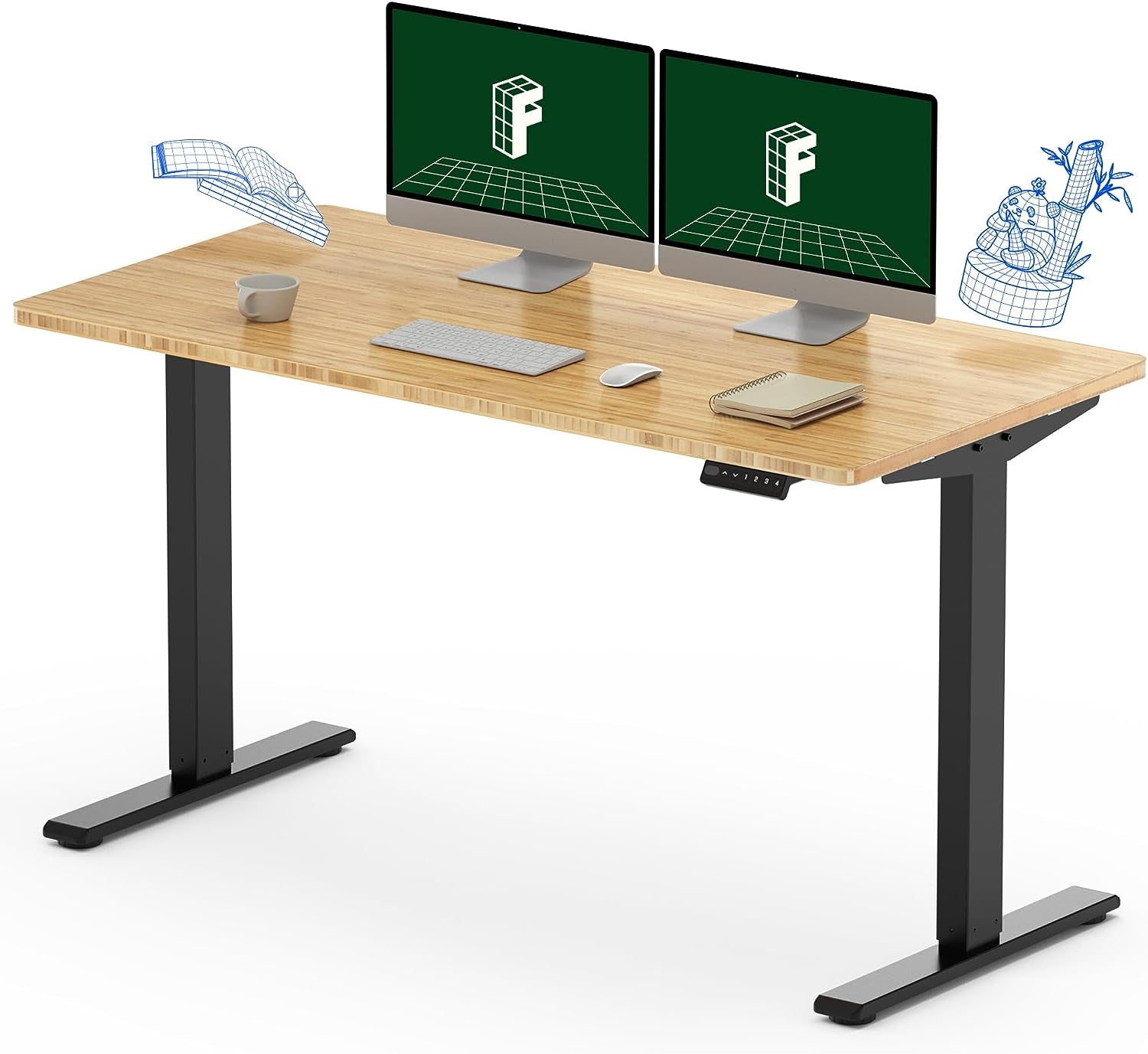 EN1 Electric Stand up Desk 140Cm X 70Cm (55" X 28") Bamboo Whole-Piece Desktop Ergonomic Memory Controller Height Adjustable Standing Desk (Black Frame+Bamboo Top)