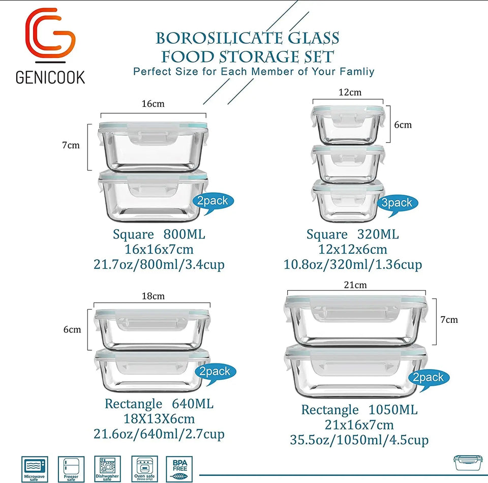 Glass Food Storage Containers with Lids - Glass Containers with Lids for Food - Reusable Bento Box Glass Lunch Containers with Locking Lids - Glass Meal Prep Containers - BPA Free & FDA Approved(9 Pack)