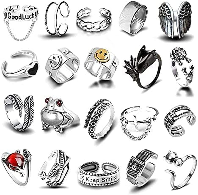 20 Pcs Open Rings Frog Leaf Chain Adjustable Ring for Women Men Girls Punk Vintage Stackable Ring Sets