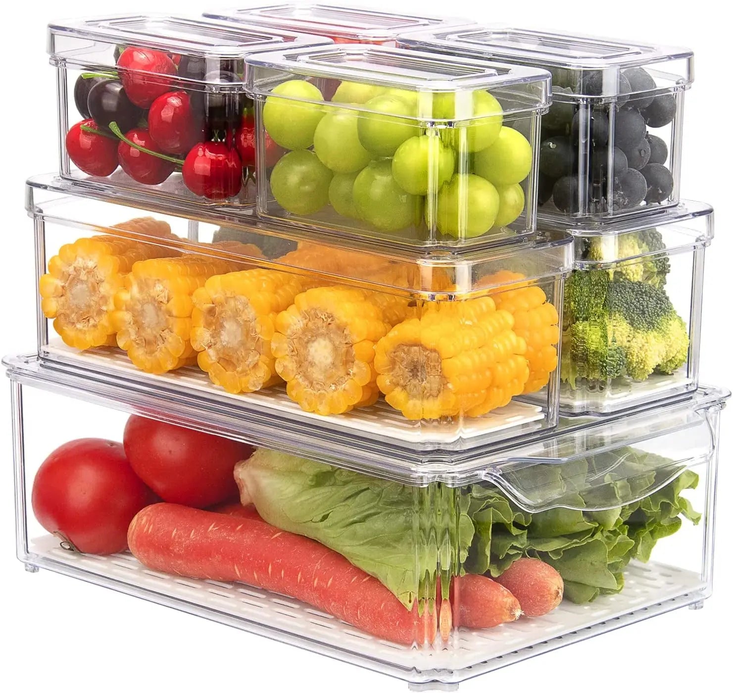 Fridge Food Storage Containers with Lid - 7Pc Stackable Produce Saver with Removable Drain Tray for Vegetable Fruit, Plastic Clear Refrigerator Organizer Bins for Kitchen Cabinet Pantry Organization