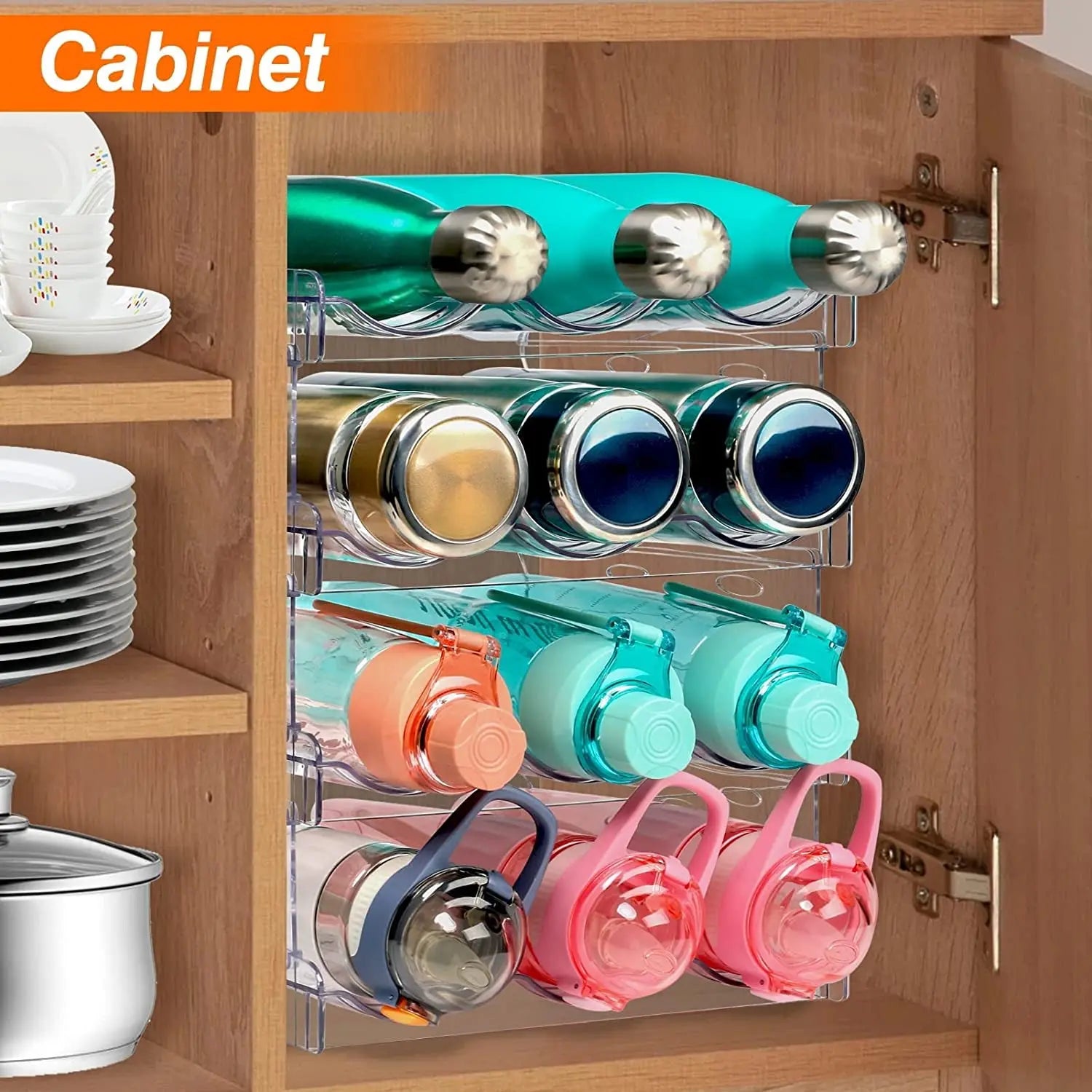 Water Bottle Organizer for Cabinet, 2 Pack Stackable Kitchen Pantry Organization and Storage Shelf, Plastic Water Bottle Holder for Fridge Kitchen Cabinet Organizer and Storage (Clear - 2)