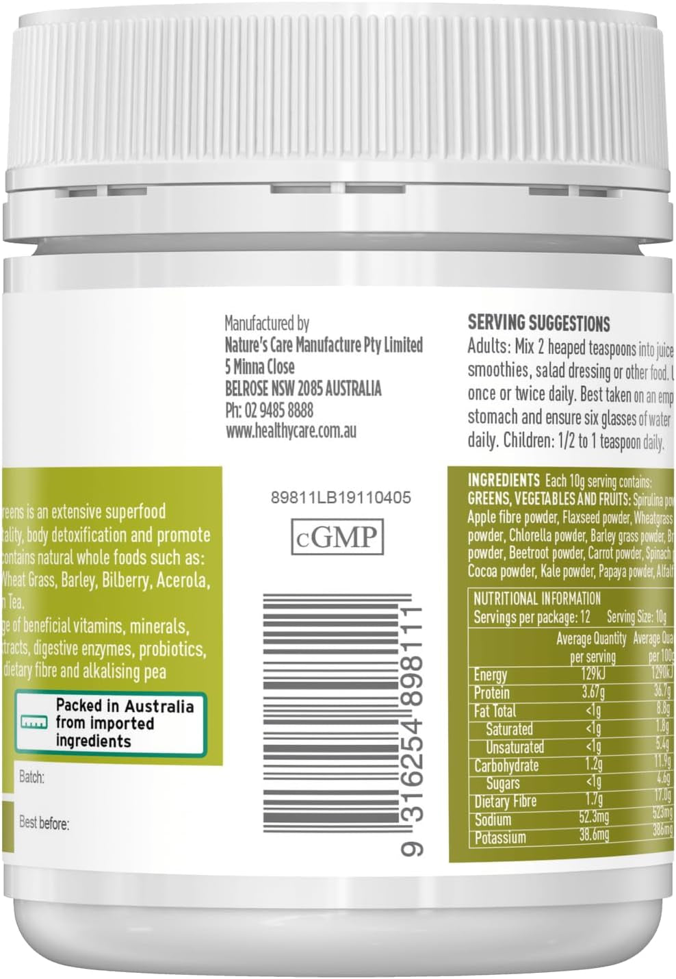 Super Greens Powder - 120G | Contains Vitamins, Minerals, Antioxidants, Herbs, Dietary Fibre, Protein, Digestive Enzymes + Probiotics
