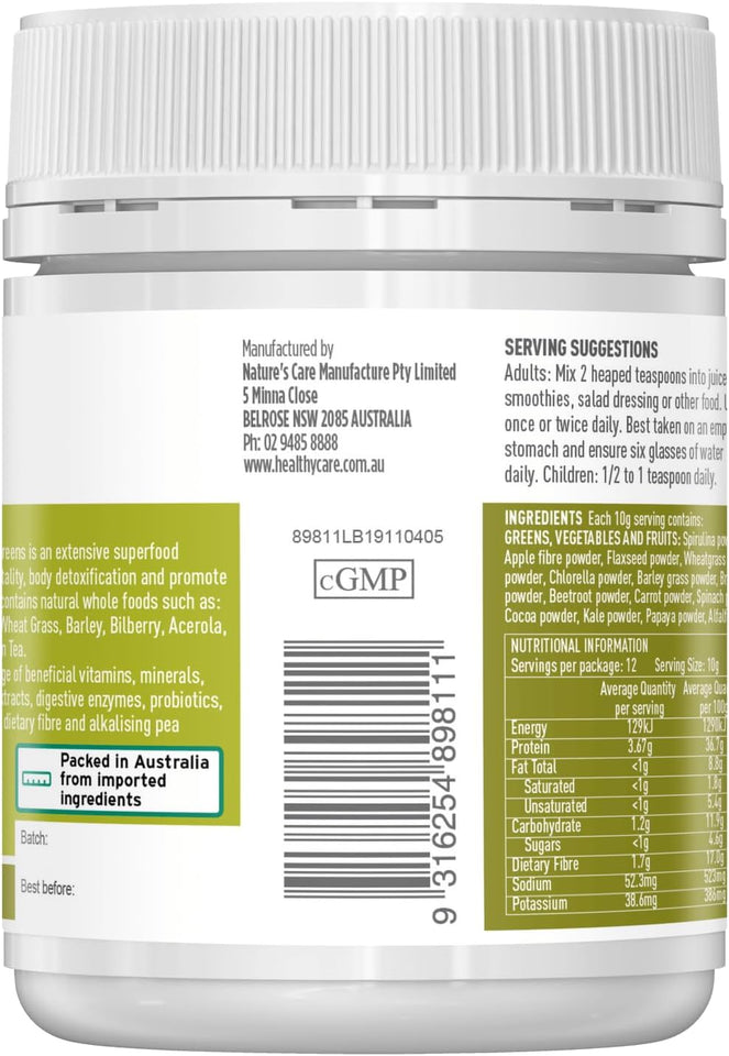 Super Greens Powder - 120G | Contains Vitamins, Minerals, Antioxidants, Herbs, Dietary Fibre, Protein, Digestive Enzymes + Probiotics