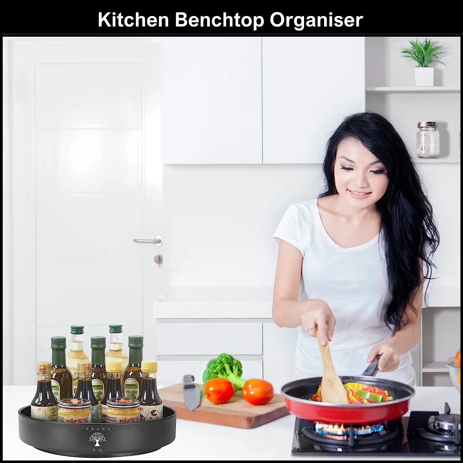 Lazy Susan Turntable -Kitchen Storage & Organisation -Rotating Organiser Shelf for Pantry Spice Jars, Countertop Condiments, Fridge Sauces-10" Stainless Steel Black Tray-Australian Company