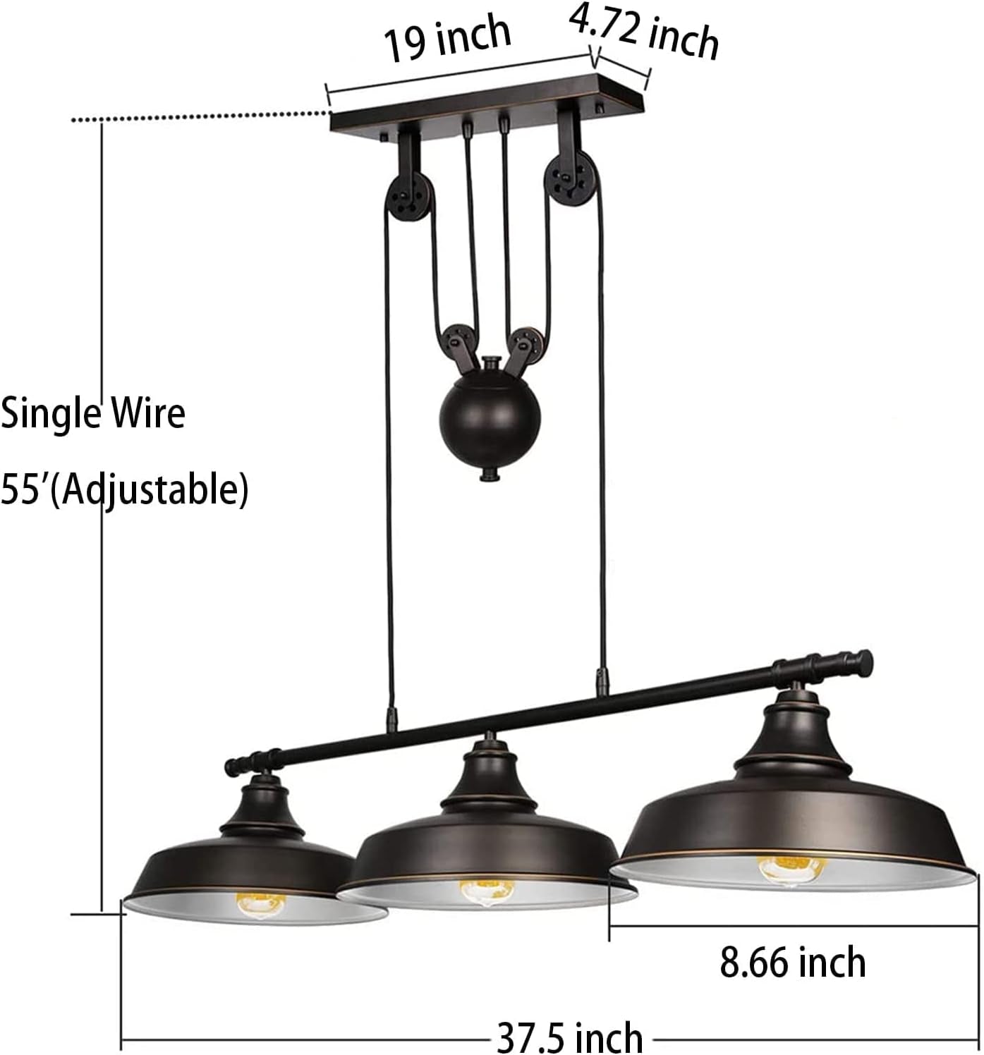 3-Light Pulley Pendant Light,Rustic Kitchen Island Lights with Metal Shades,Adjustable Hanging Height,Industrial Vintage Ceiling Lights Fixture for Dinner Room Farmhouse Bar