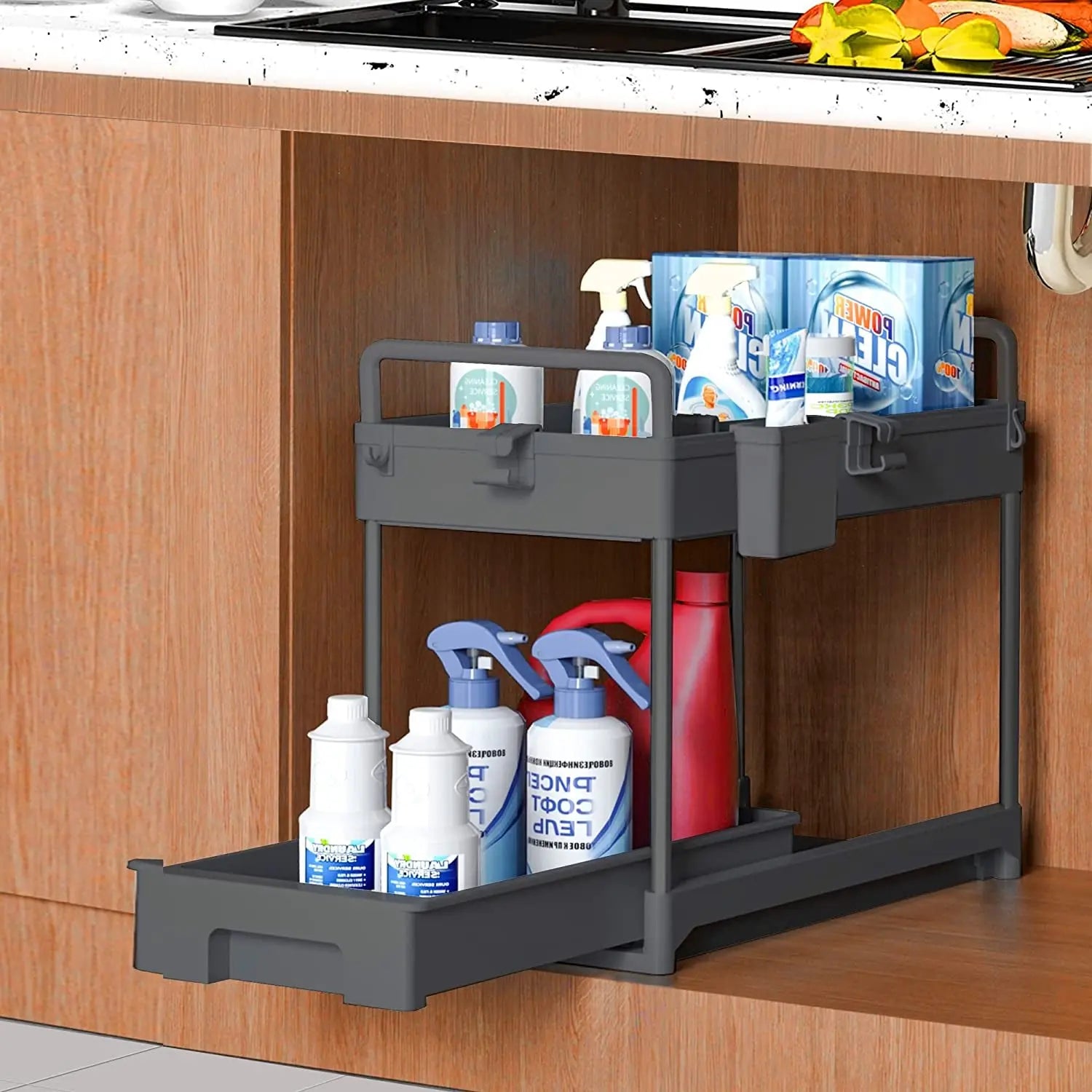 under Sink Organizers and Storage, Kitchen Storage Rack 2 Tier Drawer Pull-Able Cabinet Basket Organizer Bathroom Storage Rack with Hooks, DIY Removable Dividers (Black)