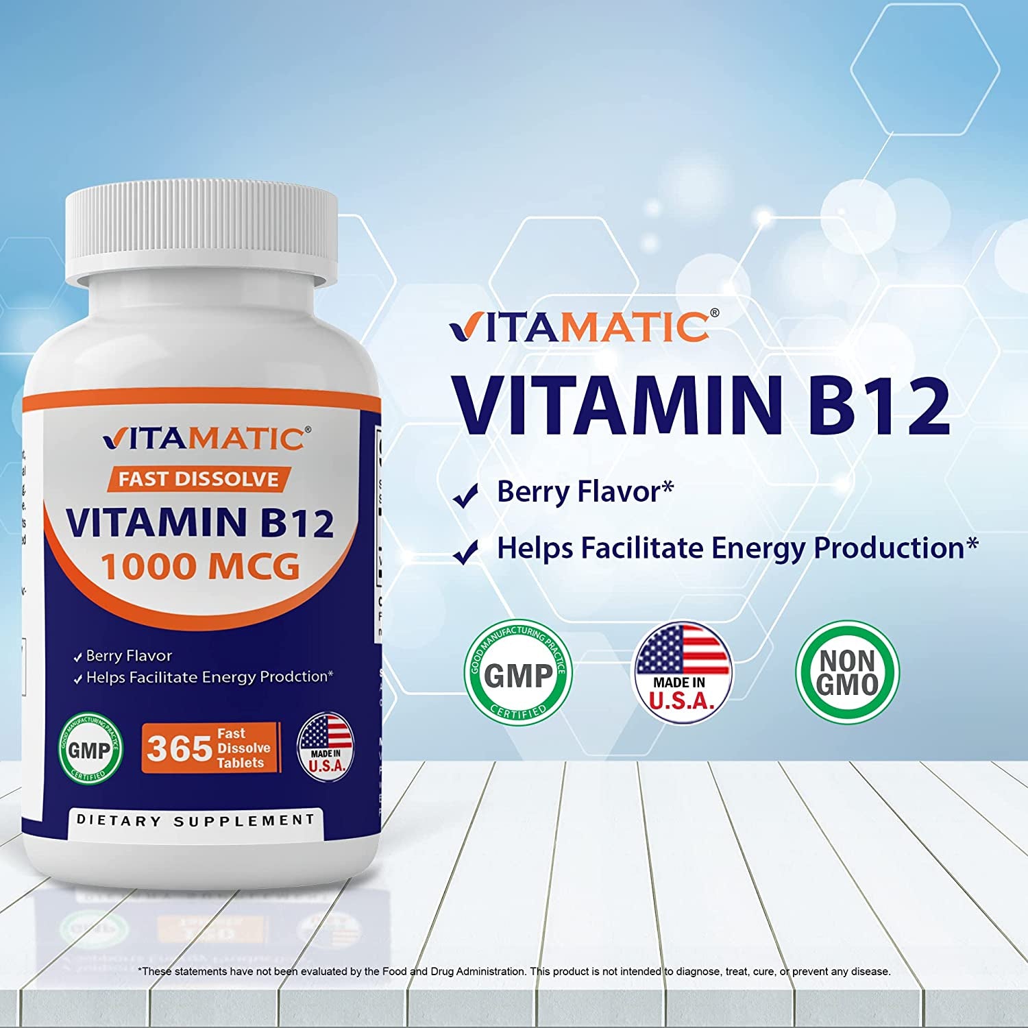 Vitamin B12 1000 Mcg Fast Dissolve 365 Tablets - Berry Flavor - Supports Energy Metabolism