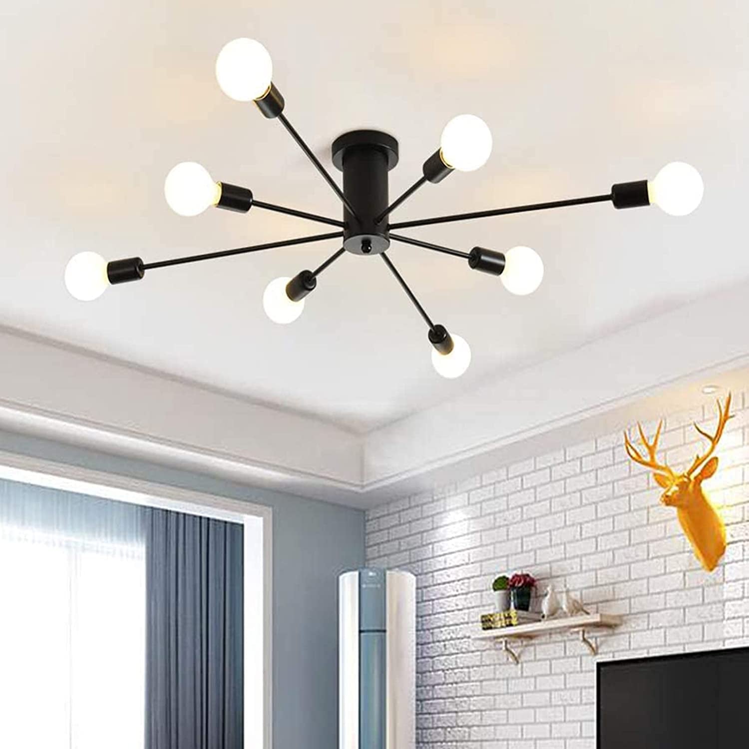 8-Light Sputnik Chandelier Black Industrial Semi Flush Mount Ceiling Light Fixture Mid Century Modern Pendant Light for Kitchen Farmhouse Living Room