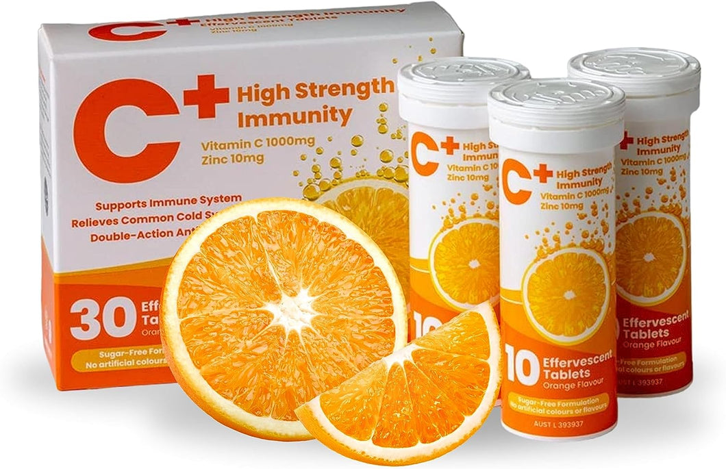 AWS 360 Vitamin C+ High Strength Immunity Effervescent Tablets - Daily Antioxidant Booster, Natural Orange Flavour, Sugar Free Formula - Max Absorption Vit C Supplement - Made in Australia - Pack of 30