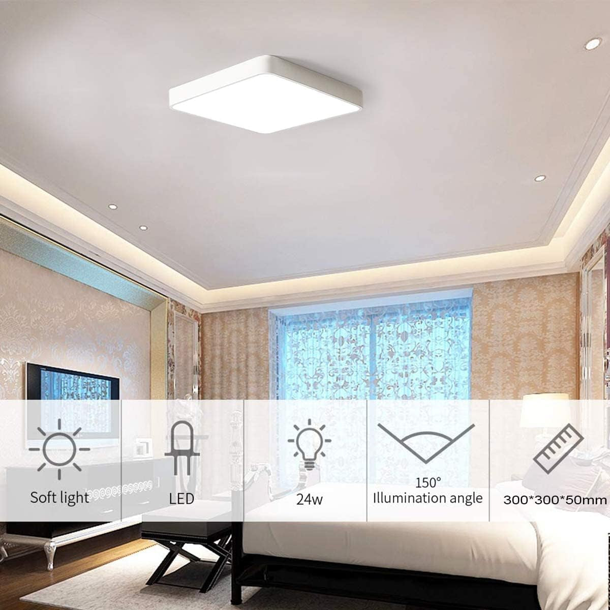 LED Flush Mount Ceiling Light,12-Inch 24W Equivalen Ceiling Lamp Square,6500K Cool White Lighting Fixture for Living Room/Kitchen/Bedroom/Dining Room,White