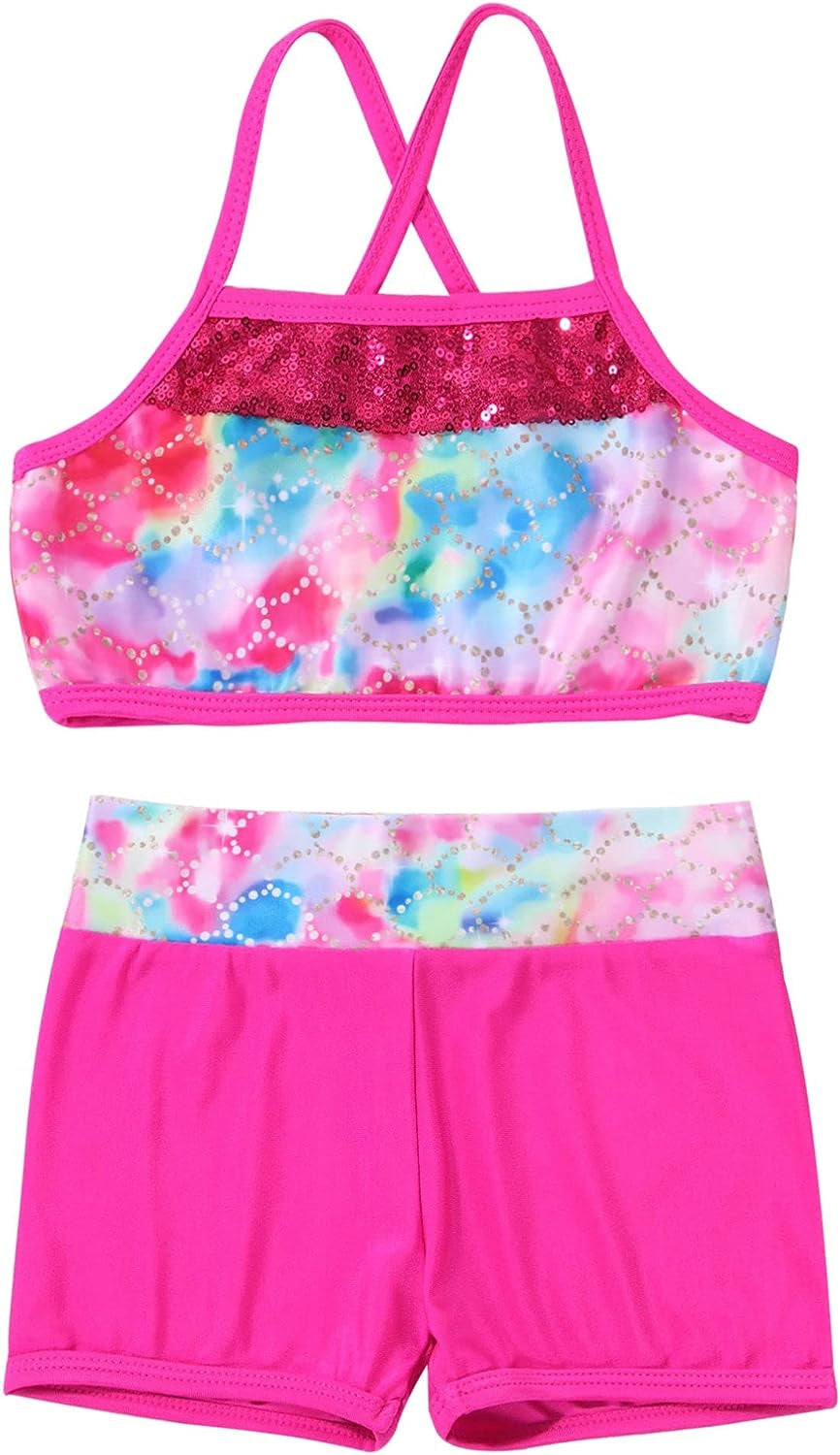 Kids Girls 2Pcs Actviewear Gymnastics Sports Ballet Dance Outfit Camis Crop Top with Shorts Tankini Set