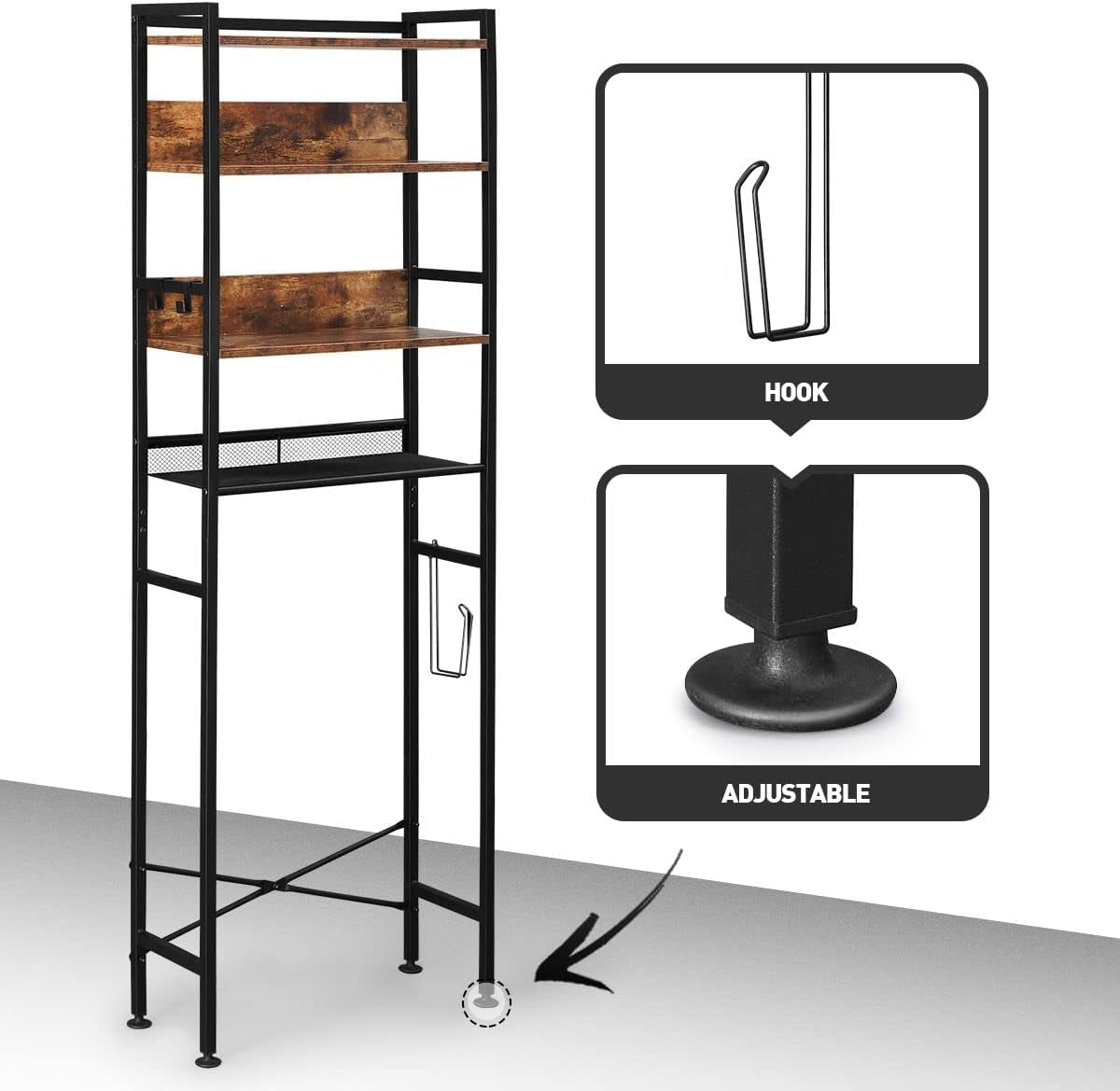 4 Tier Bathroom Shelf Rack over Toilet Washing Machine Laundry Towel Organiser Shelves Space Saver Freestanding Unit Storage Industrial Style 60X24X175Cm