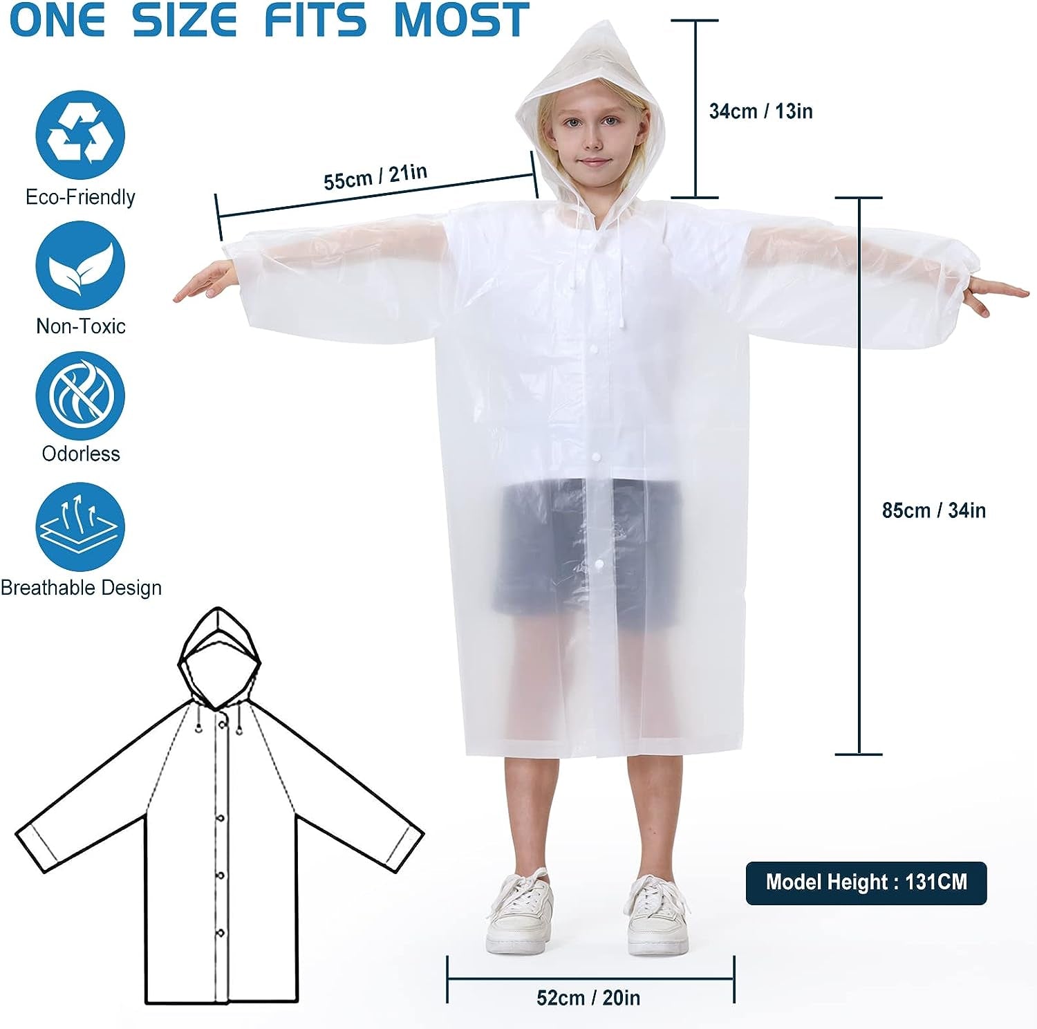 Reusable Raincoats 2 Pack EVA Rain Ponchos for Adults Kids, Rain Coats with Hood for Women Men Girl Boy
