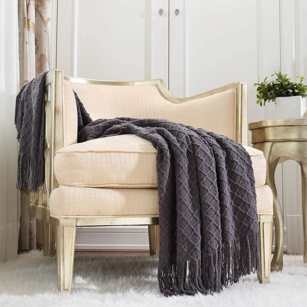 Knitted Decorative Throw Blanket for Couch Sofa Chair Bed, Soft Breathable Lightweight for Spring Summer (127X152Cm Dark Grey/Black)