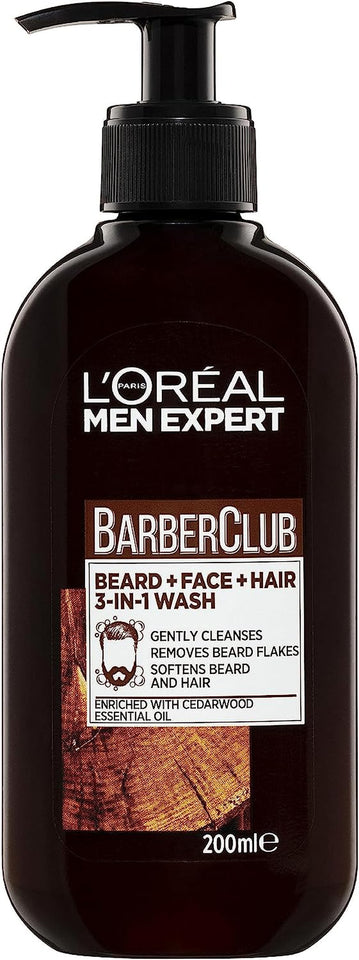 L'Oréal Paris 3-In-1 Beard, Face and Hair Cleansing Wash for Men, Enriched with Essential Oils, Men Expert Barber Club, 200Ml