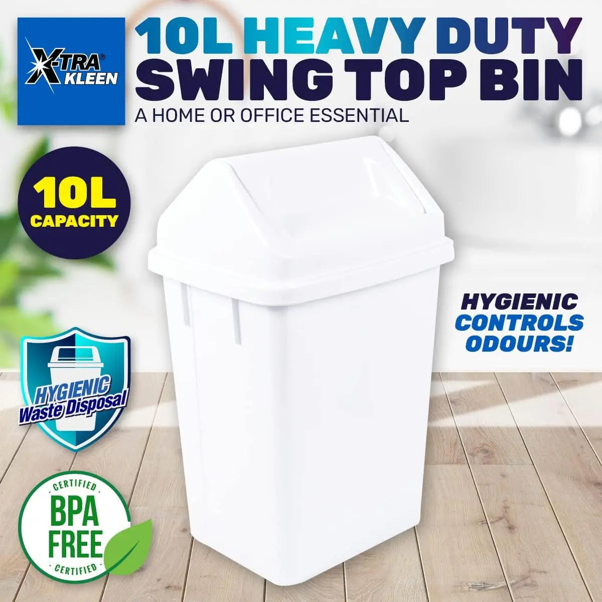 X-Tra Kleen Swing Top Garbage Bin White, 10L Capacity, Controls Odors with Swing Open Lid for Easy Access, Ideal for Home or Office, Compact Design