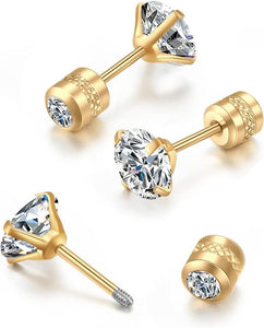 Titanium Flat Screw Back Stud Earrings for Girls,Safety Screw on CZ Earrings Hypoallergenic Surgical Steel Cartilage Earrings