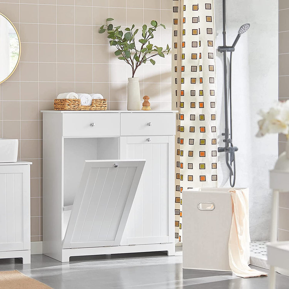 BZR33-W, 2 Drawers 2 Doors Laundry Cabinet Laundry Chest with 2 Removable Laundry Baskets, Bathroom Cabinet