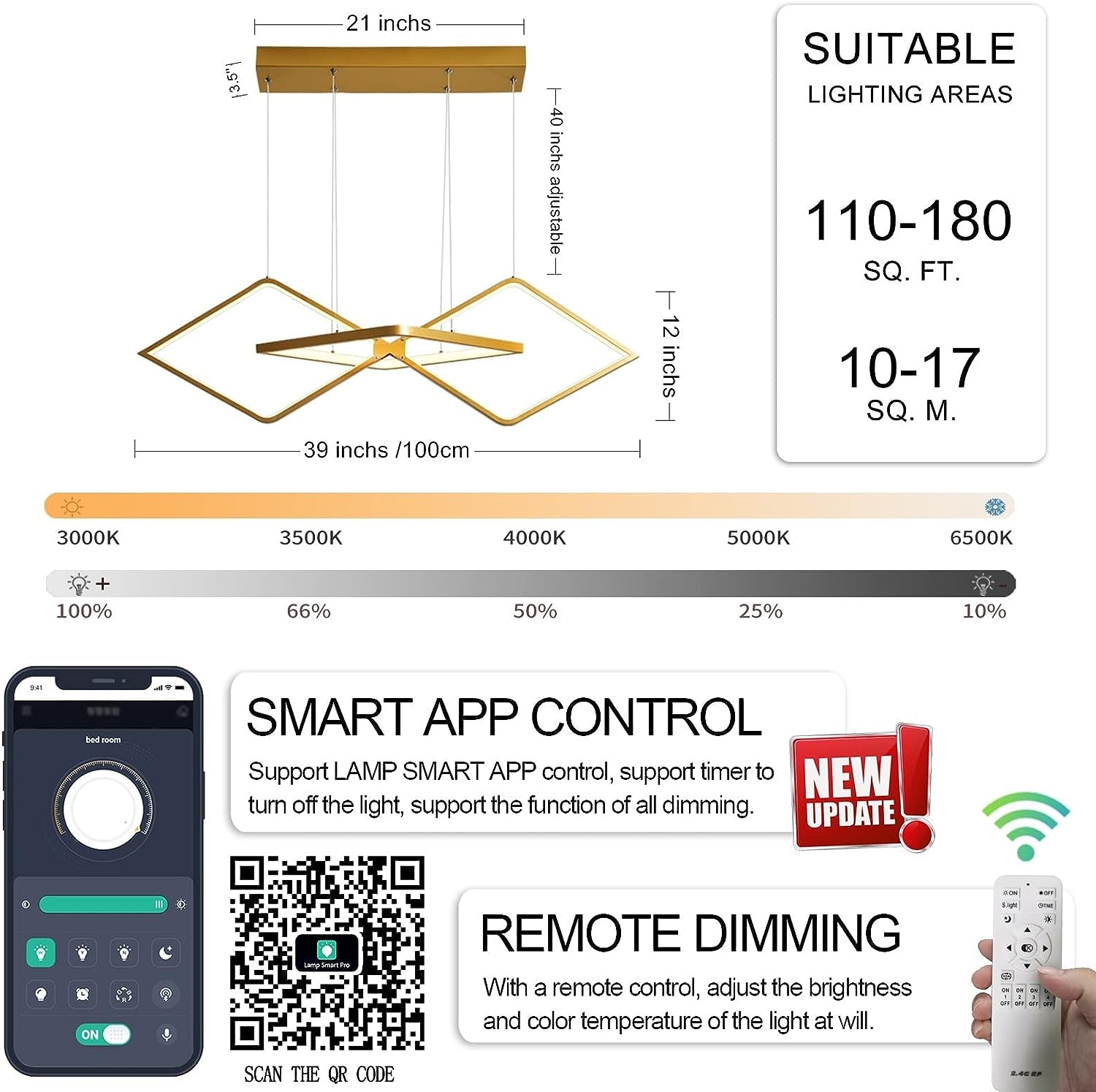 Modern LED Pendant Chandelier Lighting with Remote Control and Smart Lamp App, for Kitchen Island, Restaurant or Office (Golden)