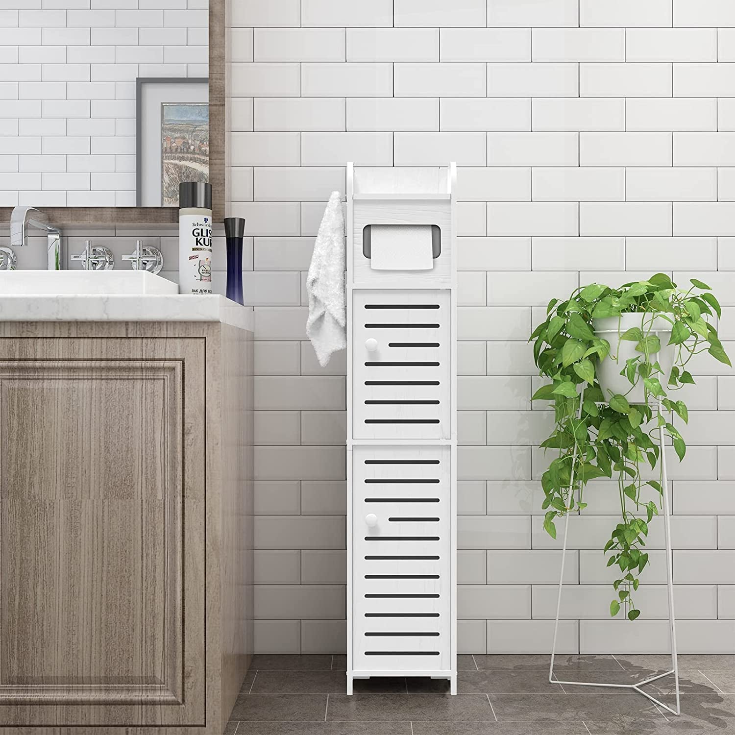 Upgrade Small Bathroom Storage Cabinet with 2 Doors and 2 Shelves, W6.3 X D6 X H31 Bathroom Organizer, 4 Tier Design Toilet Paper Storage Stand for Small Space and Corner(White)