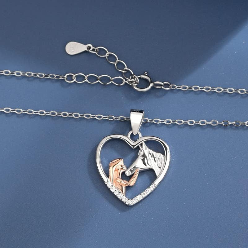 Girl and Horse Pendant Necklace for Women Horse Lover Birthday Christmas Gifts for Daughter Granddaughter Rose Gold Heart Rhinestone Necklaces for Girls