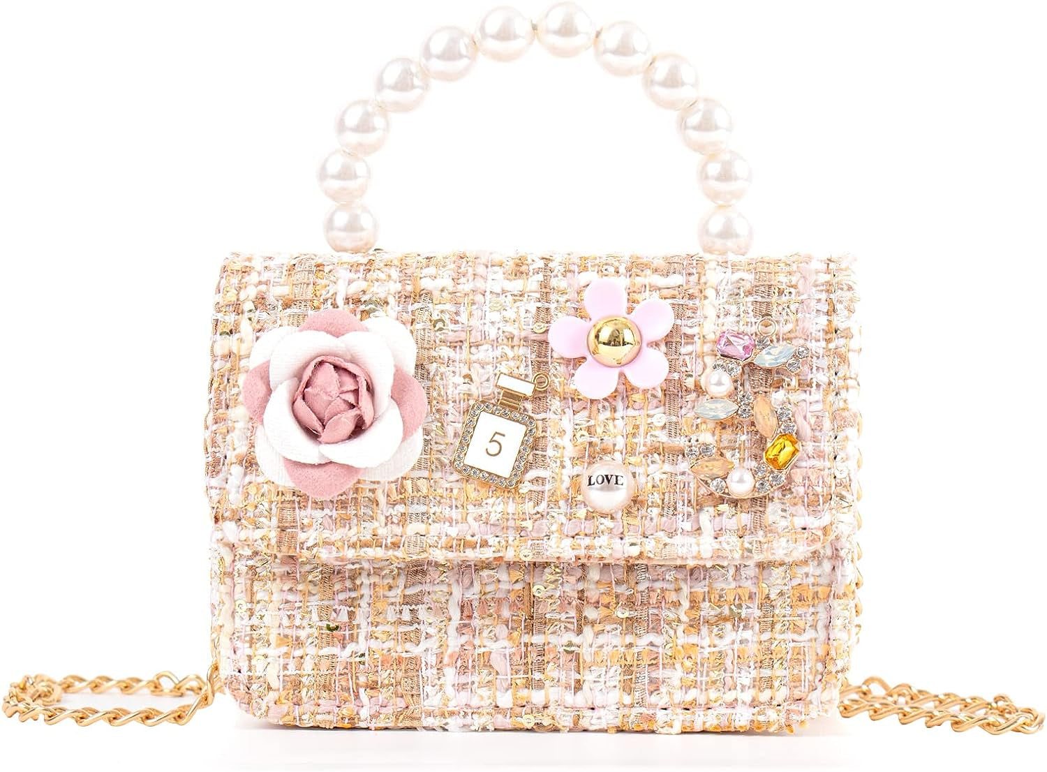 Little Girls Princess Purses Cute Crown Crossbody Bag Handbag with Pearl Handle for Kids Toddler