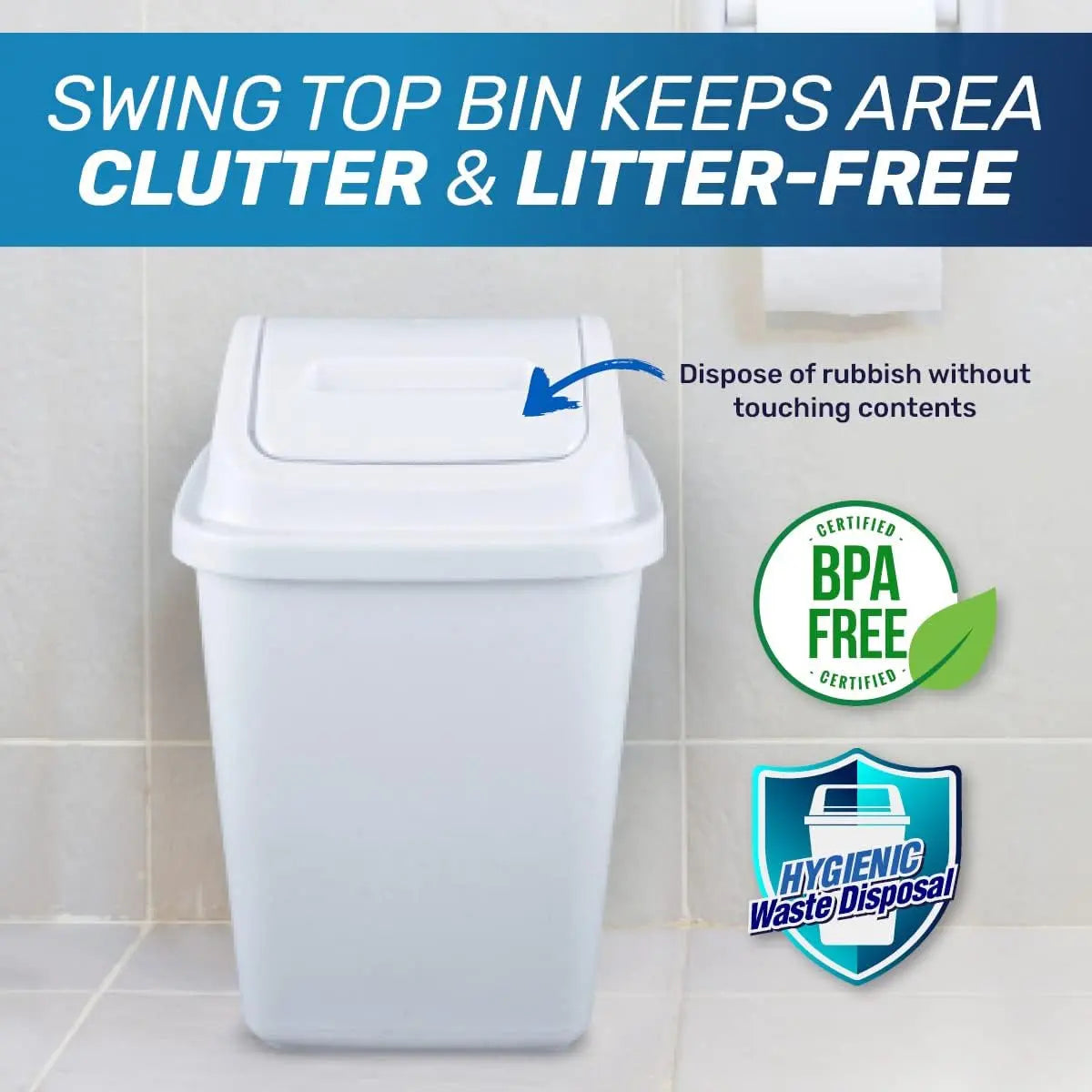 X-Tra Kleen Swing Top Garbage Bin White, 10L Capacity, Controls Odors with Swing Open Lid for Easy Access, Ideal for Home or Office, Compact Design