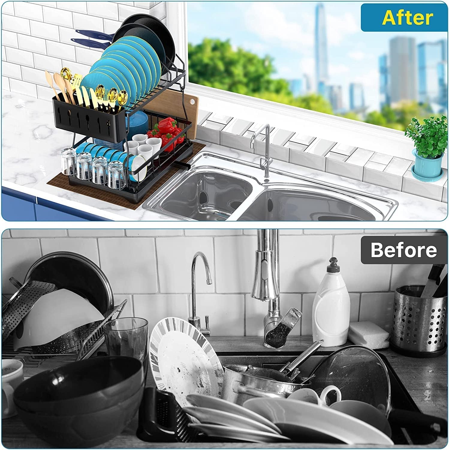 Dish Drying Rack, 2 Tier Dish Rack with Drain Board for Kitchen Counter, Stainless Steel Dish Drainer with Drainage Utensil Holder, Cutlery Rack, Cup Holder, Cutting Board Holder