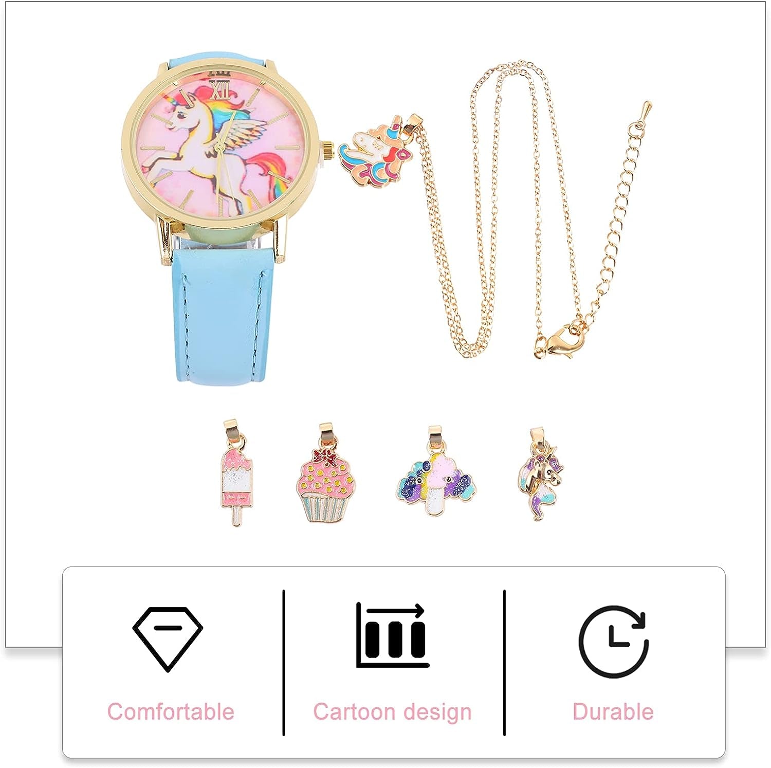 1Set6Pcs Cartoon Children Gift Kids Toddler of D Child- Girl and Year- Wrist for Baby Pendant Watch, Bracelet Girls Holiday Watches- Blue Necklace Unicorn Assorted