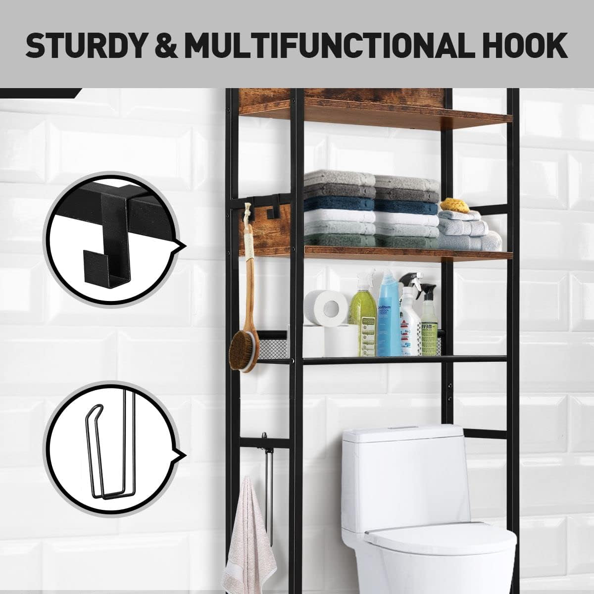 4 Tier Bathroom Shelf Rack over Toilet Washing Machine Laundry Towel Organiser Shelves Space Saver Freestanding Unit Storage Industrial Style 60X24X175Cm