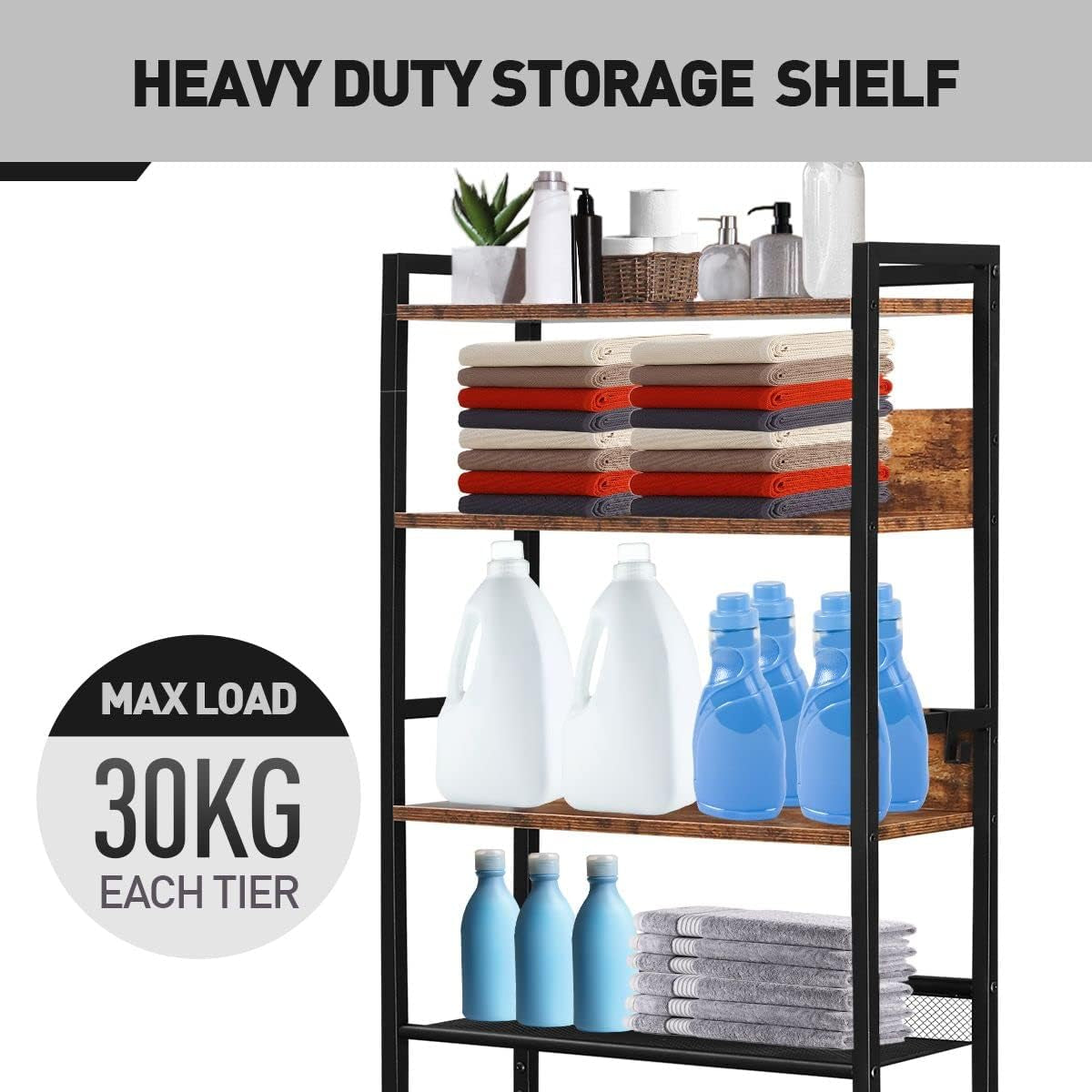 4 Tier Bathroom Shelf Rack over Toilet Washing Machine Laundry Towel Organiser Shelves Space Saver Freestanding Unit Storage Industrial Style 60X24X175Cm