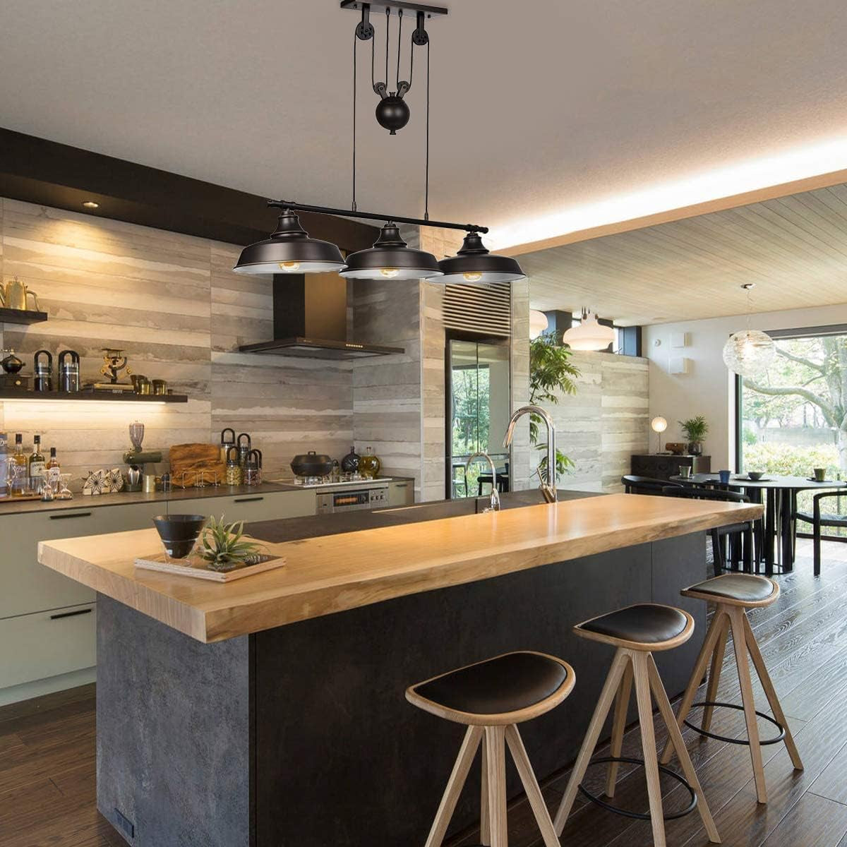 3-Light Pulley Pendant Light,Rustic Kitchen Island Lights with Metal Shades,Adjustable Hanging Height,Industrial Vintage Ceiling Lights Fixture for Dinner Room Farmhouse Bar