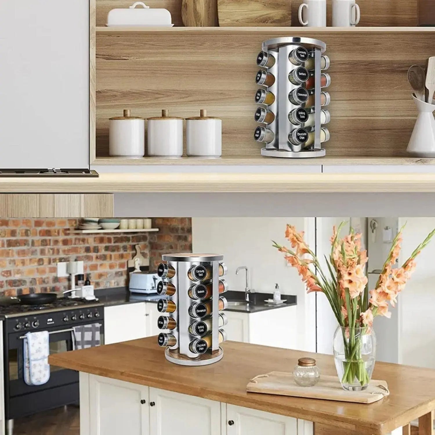 20 Jars Spice Rack Organizer with Label Sticker and Silicone Funnel, 360° Rotating Countertop Stainless Steel Seasoning Organizer in Steel Colour