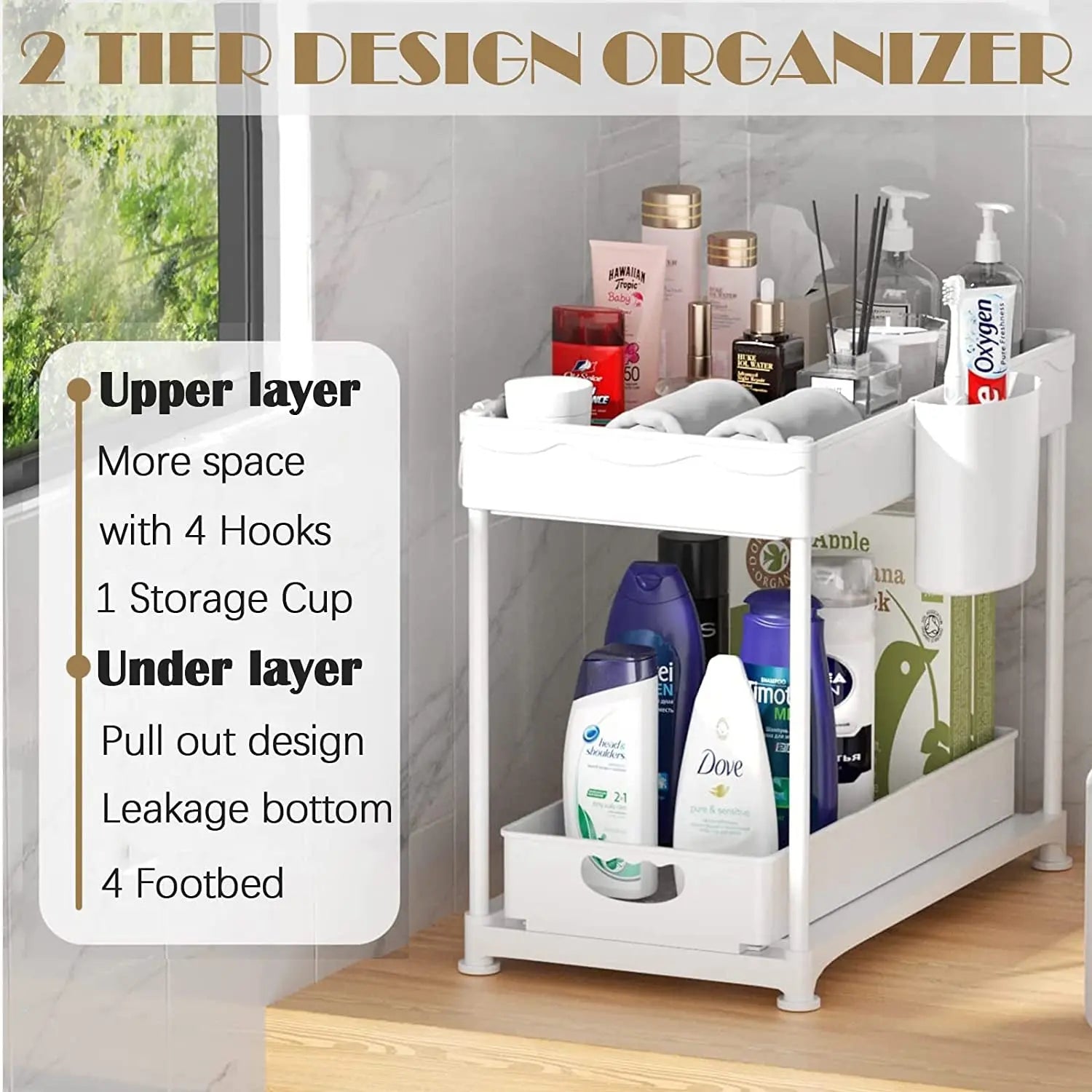 DEVA 2 Pack under Sink Organiser, Organiser for Kitchen 2-Tier Pull Out Wide Drawer for Kitchen Storage & Organisation under Sink Storage for Kitchen Sink Cupboard Bathroom Laundry, White