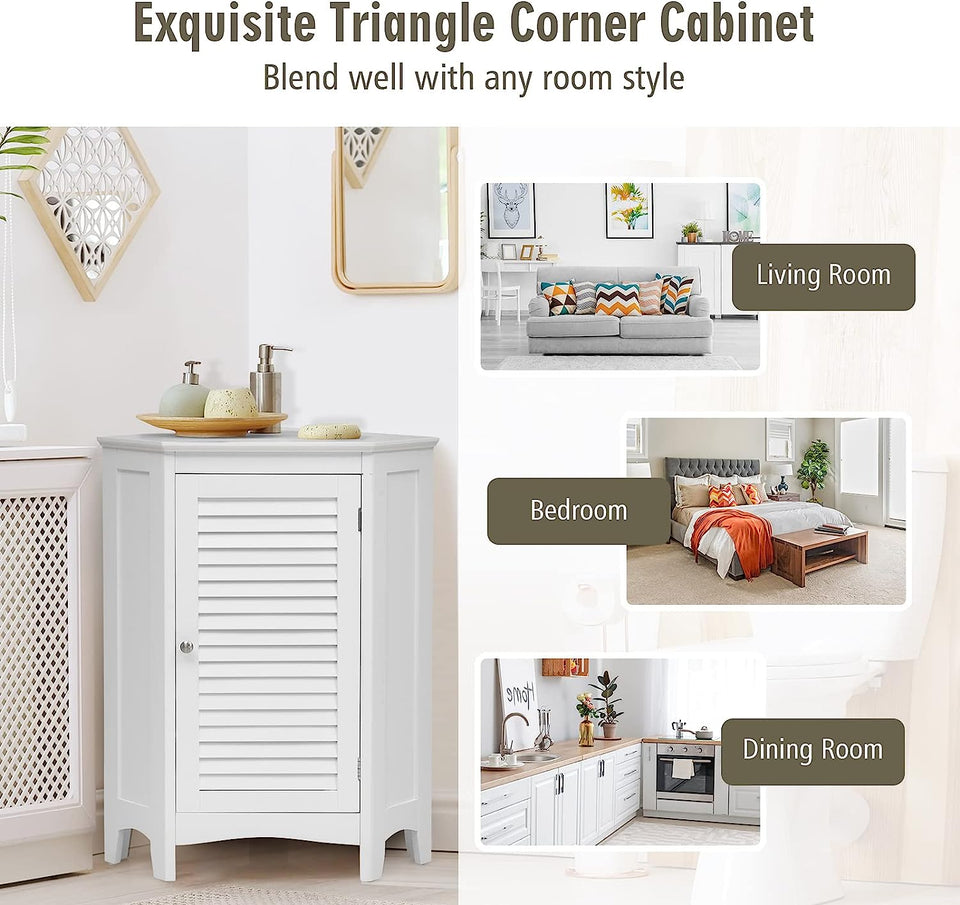 Corner Shutter Door Cabinet, Modern Bathroom Storage Oragnizer with Single Doors & 2 Shelves, Free-Standing Corner Storage Cabinet for Bathroom, Kitchen, Living Room, Bedroom, White