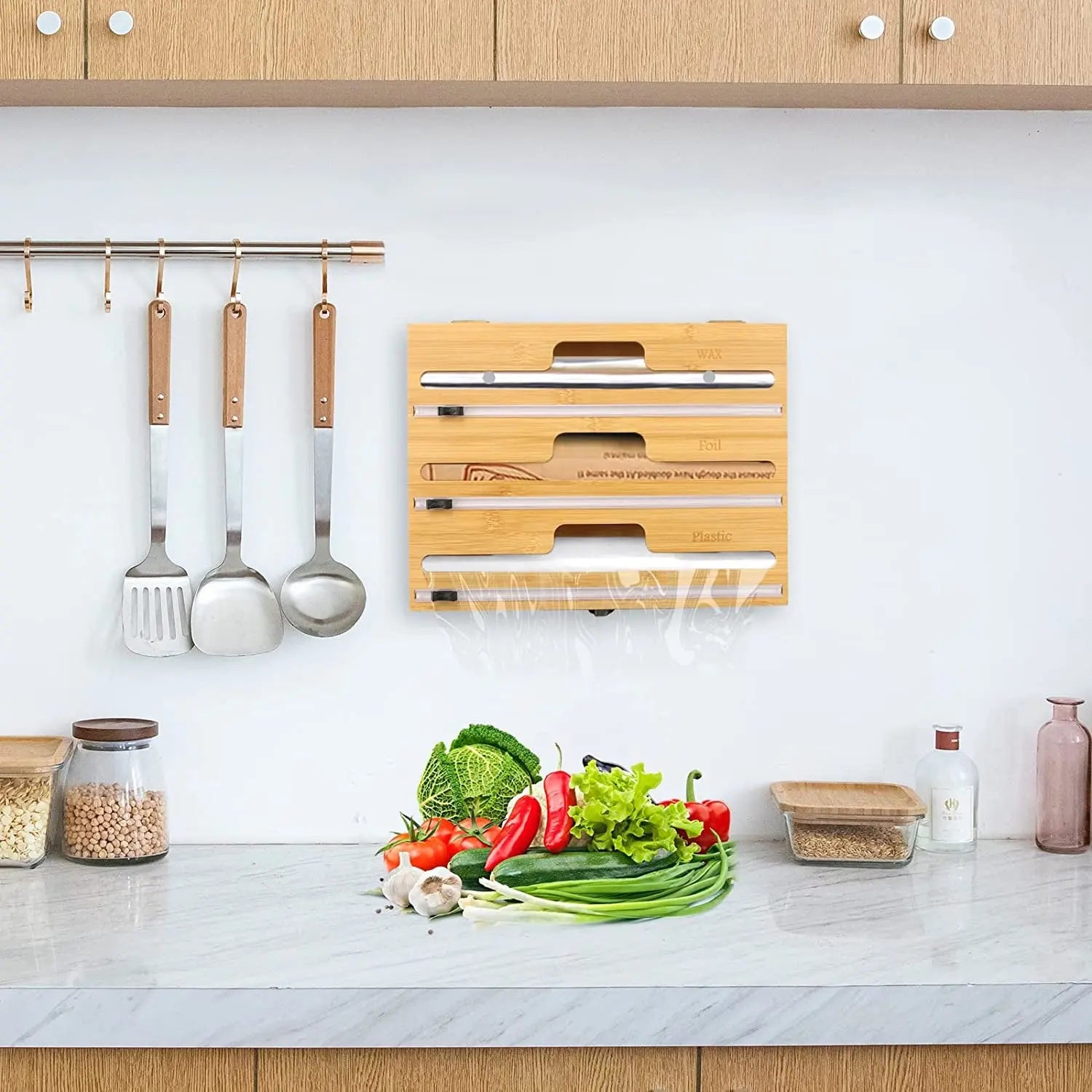 3 in 1 Plastic Wrap Dispenser with Slide Cutter，Aluminum Foil, Wax and Plastic Wrap Dispenser Organizer