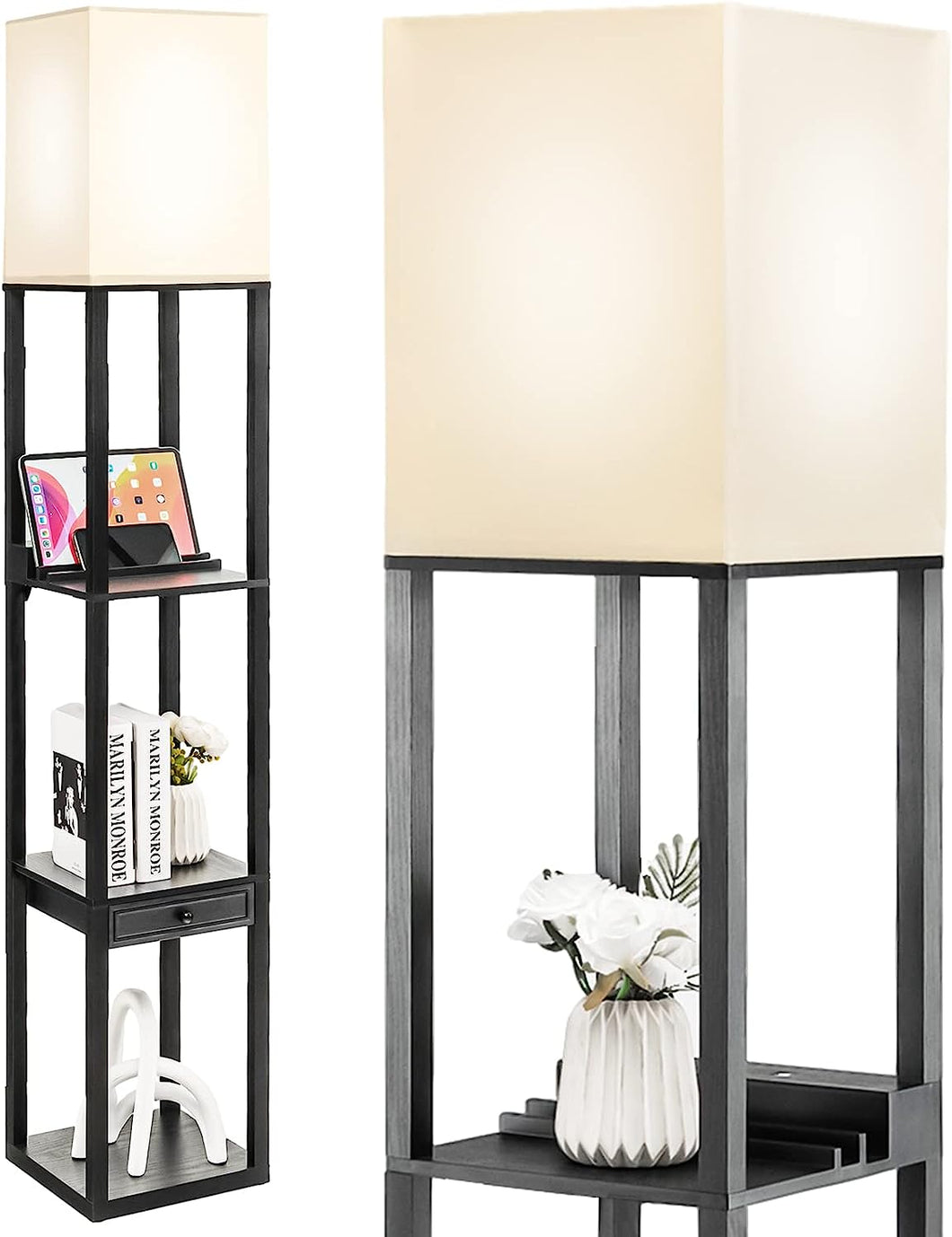 Modern Shelf Floor Lamp, Dimmable Standing Lamp Shelf W/ 1 Drawer & 1 USB Port, E27 5000K LED Bulb Included, Pull Chain Switch, 3-Level Brightness, Storage Lamp for Bedroom, Living Room