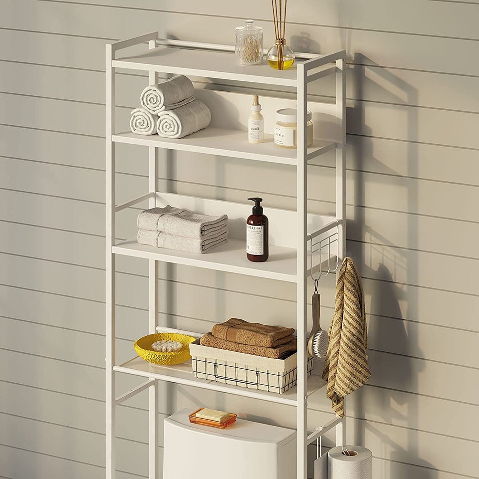 over the Toilet Storage, 4-Tier Wooden Bathroom Space Saver with Hooks, Freestanding Bathroom Organizer, Multifunctional over the Toilet Storage Rack, Bathroom Toilet Rack, White