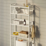 over the Toilet Storage, 4-Tier Wooden Bathroom Space Saver with Hooks, Freestanding Bathroom Organizer, Multifunctional over the Toilet Storage Rack, Bathroom Toilet Rack, White